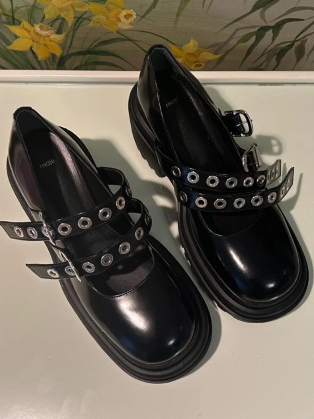 NWOB Maje Black Leather Platform Mary Jane “Babies” with Silver Eyelets